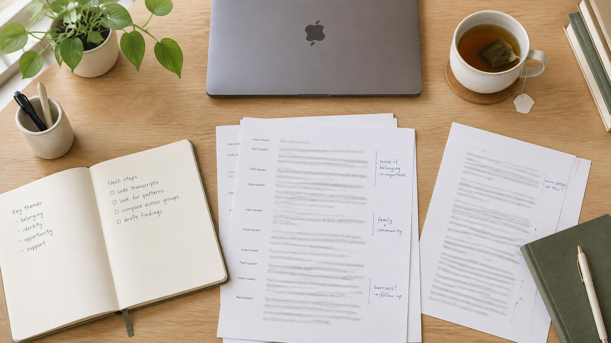 Research workspace with notebooks, coded transcripts and a laptop