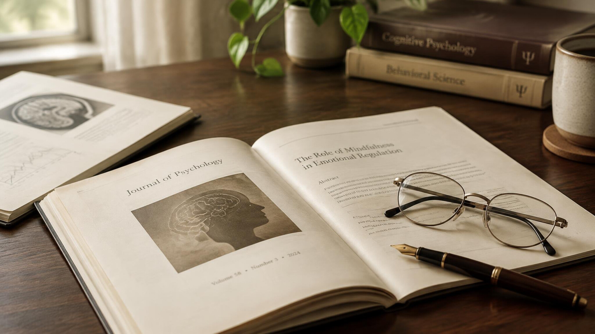 Open psychology journals and reading glasses on a walnut desk in soft window light