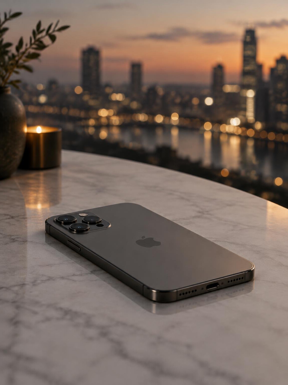 Smartphone on a marble table with city lights reflected on the screen